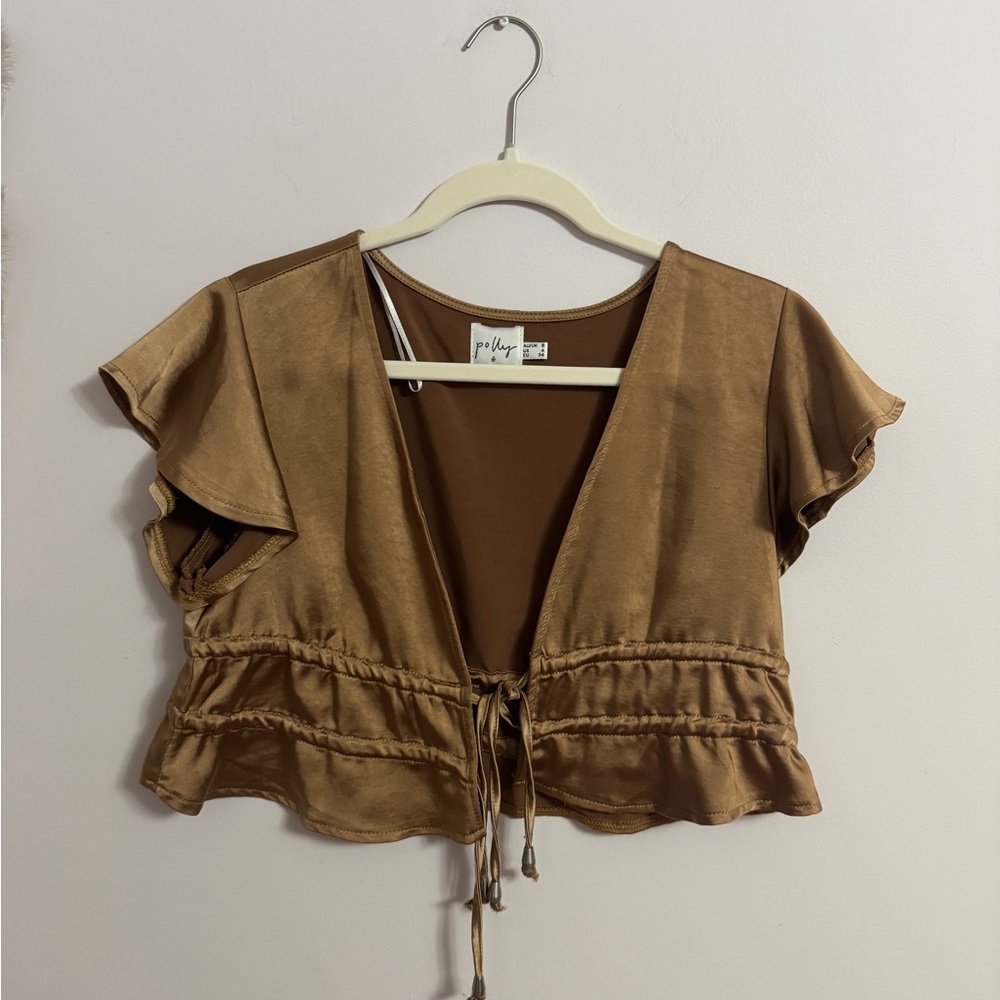 Princess Polly silk satin tan tie front top